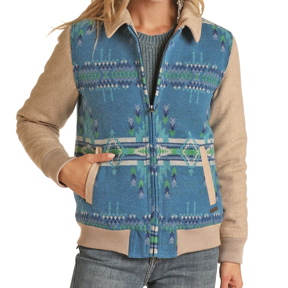 Powder River Outfitters Women’s Blue Aztec and Tan Bomber Coat